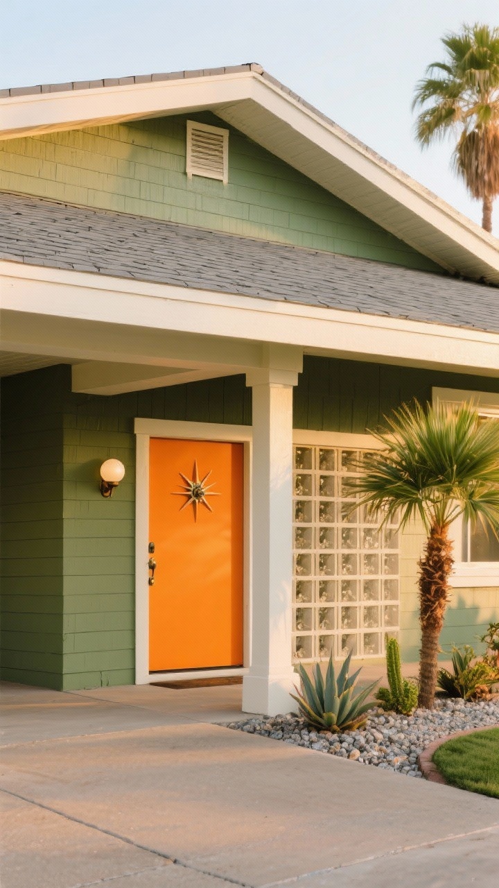 Photorealistic wide exterior shot from a low corner angle of a mid-century home: mid-toned olive green siding, creamy off-white trim on eaves and carport beams, bold citrus front door in tangerine with satin sheen, medium gray roof with clean thin flashing, breeze block screen wall, starburst door hardware, globe sconces, landscaping with palm accents, crushed granite, and low succulents; late afternoon light for warm highlights; playful retro vibe.