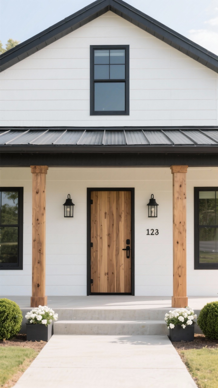Photorealistic wide exterior shot, straight-on view of a modern farmhouse: creamy soft white horizontal siding, matte black window trim and fascia outlining rooflines, warm light-stained oak front door with vertical grain, black iron house numbers, barn-style black sconces, charcoal standing-seam metal roof, porch posts in warm wood, planters with deep green boxwoods and white flowers on a clean concrete porch; bright natural daytime lighting; crisp contrast yet inviting warmth.