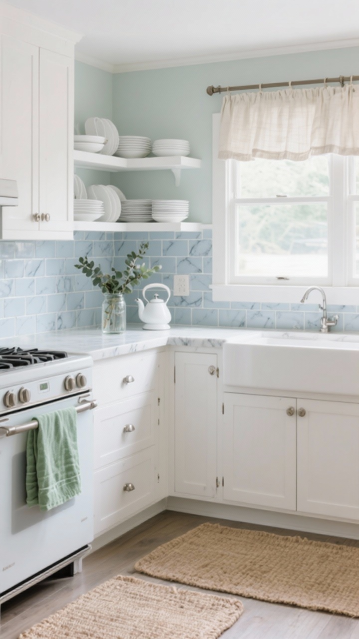 Photorealistic wide kitchen shot in a breezy beach-cottage style, straight-on view. Soft blue-gray peel-and-stick subway tile backsplash, white vinyl marble-vein countertop film, white dishware on open shelves, sand-colored jute rug underfoot, sage green tea towels on an oven handle. Add removable hardware: brushed nickel adhesive/magnetic pulls on white cabinet fronts. Window with a linen cafe curtain clipped to a tension rod, gentle daylight. On the counter: a glass jar with a small eucalyptus bundle next to a white kettle. Light, airy palette with white, blue-gray, sand, and sage; calm, serene mood, no people.