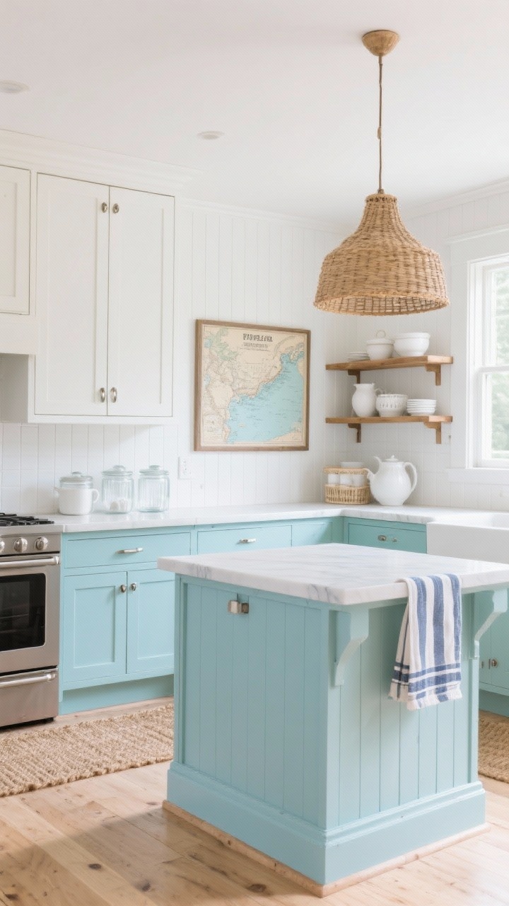 Photorealistic wide kitchen shot in Fresh Coastal Cottage style: lower cabinets painted soft sea-glass blue, upper cabinets crisp cloud white with brushed nickel cup pulls and slim knobs; peel-and-stick white beadboard on the island and backsplash; rattan pendant over the island, natural jute runners on a light wood floor, open wood shelves holding white ceramics and clear glass jars; striped tea towels, clear canisters on counter, framed vintage coastal map on wall; bright natural daylight, airy beachy mood, corner angle showing island and shelves.