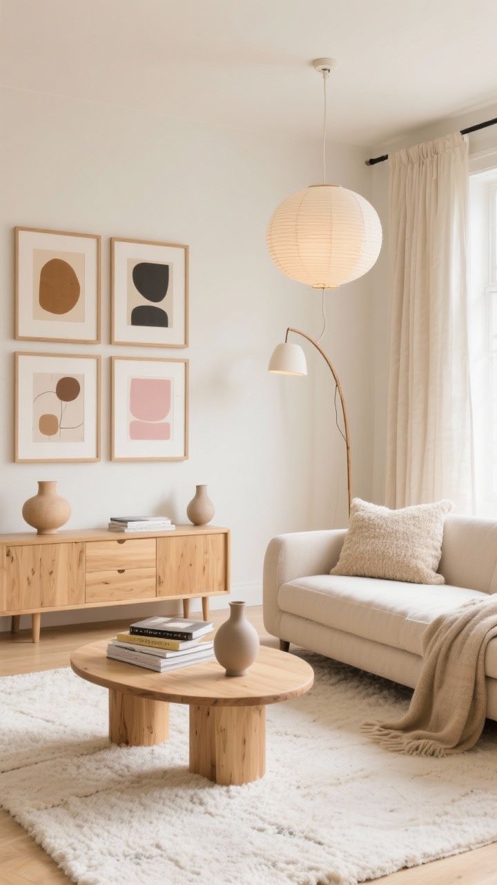 Photorealistic wide living room shot in warm minimalist style: creamy off-white/soft beige walls, blonde wood furniture with rounded edges, low-profile linen sofa in oatmeal, textured off-white rug, uniform gallery grid of maple/light oak frames filled with abstract prints in tan, charcoal, and blush on the largest wall. Lighting includes a plug-in paper lantern pendant and a slim arc floor lamp. Nubby bouclé pillows, a cashmere-look throw, linen curtains hung high on no-drill rods. Oak coffee table with rounded corners styled with stacked design books and matte ceramic sculptural vases. Airy, calm Sunday morning vibe, natural daylight.