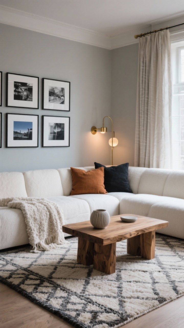 Photorealistic wide living room shot with soft greige walls creating a cocooning backdrop; an ivory sectional sofa with bouclé throws, chunky oak coffee table styled with ribbed ceramics, and a layered wool rug featuring subtle geometric patterns; delicate brass sconces casting warm pools of evening light; black-and-white photography gallery in thin black frames; slate blue, warm caramel, and charcoal accents; linen curtains filtering soft daylight, cozy and calm mood, straight-on perspective.