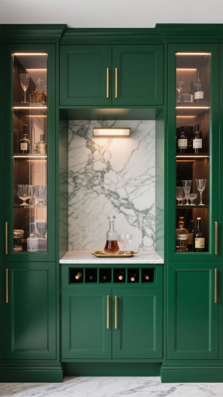Photorealistic wide, luxe butler’s pantry wall: floor-to-ceiling lacquered cabinets in deep bottle green framing a central marble-clad niche with a dramatic veined Calacatta ivory slab backsplash. Glass-front doors flanking the niche showcase barware and decanted staples on shelves with integrated LEDs; smoked bronze mirror backs inside cabinets add depth and glamour. Slim polished brass pulls mounted vertically, dimmable picture light over the niche. Include a small tray with a decanter and coupe glasses on the marble surface; a concealed wine cubby panel subtly indicated by matching green panel lines. Perspective: straight-on, gallery-like lighting.