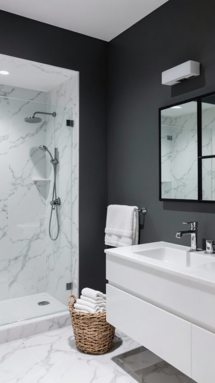 Photorealistic wide shot emphasizing charcoal and Carrara contrast: rich charcoal eggshell walls, large-format Carrara-look porcelain slabs in the shower with luminous white veins; a chunky white vanity, polished chrome minimalist fixtures; black-framed mirror, woven basket hamper, thick white towels neatly stacked; crisp high-contrast lighting that remains soft, slight corner perspective, no people.