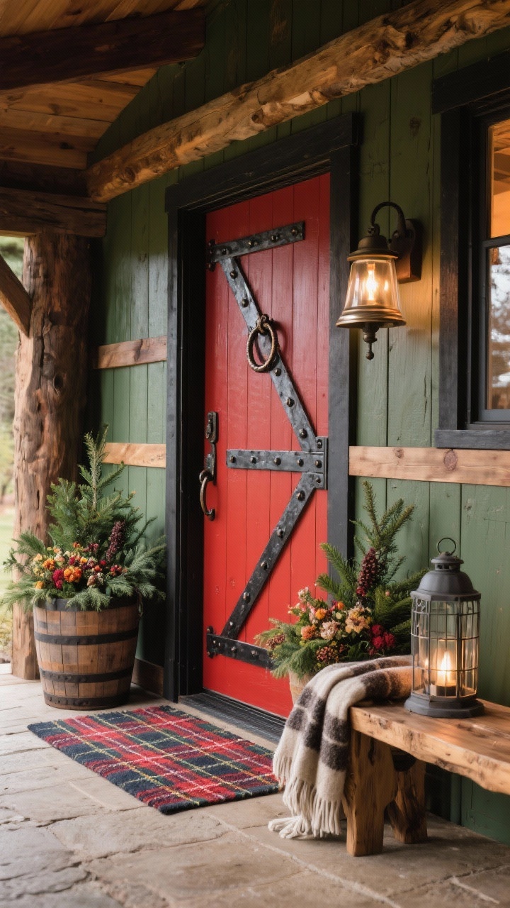 Photorealistic wide shot from a slight corner angle of a rustic lodge entry: deep barn red door with wrought-iron strap hinges and a hammered iron ring pull; whiskey barrel planters on either side filled with evergreens and seasonal blooms; plaid outdoor runner leading to the threshold; barn-style bell mounted on the wall; rough-hewn wooden bench with a folded wool throw; caged farmhouse lantern with clear glass providing crisp illumination; palette of barn red, iron black, warm wood, forest green; hearty, welcoming feel, no people.