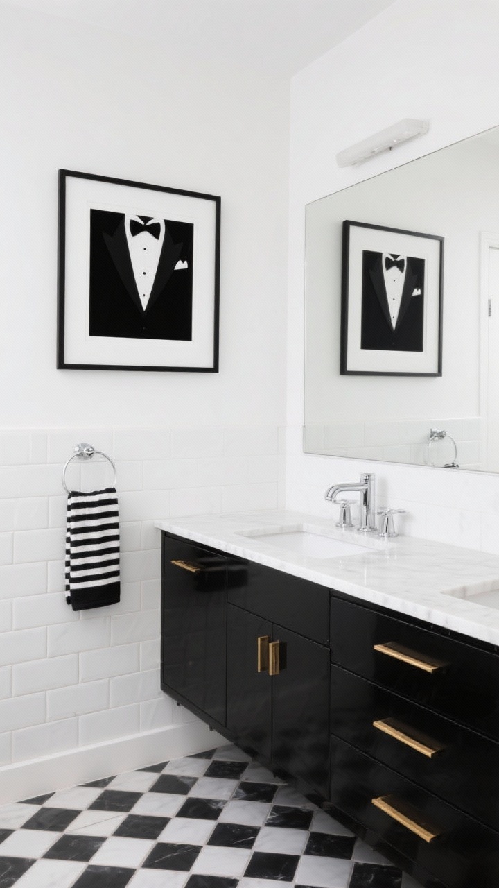 Photorealistic wide shot, graphic tuxedo contrast: satin black vanity against crisp white walls and tile, tailored silhouette. White quartz countertop (high-contrast) with polished chrome or lucite-and-brass pulls. Black-framed art above, bold black-and-white checkered or small hex tile floor, and a bold striped hand towel. Straight-on composition, clean, fashion-forward mood with sharp contrast.