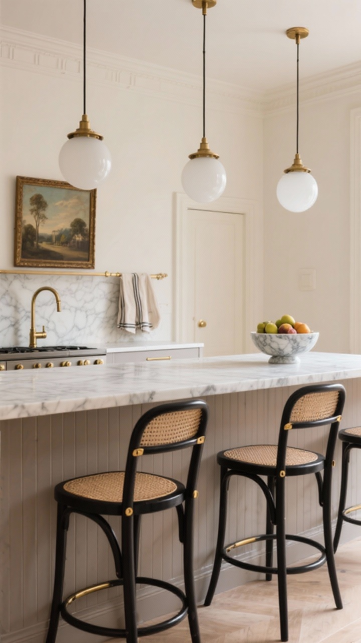Photorealistic wide shot, Modern Parisian kitchen island scene: creamy walls, soft taupe island with vertical fluted paneling and a honed Calacatta marble waterfall countertop; three opal glass globe pendants with brushed brass collars floating at staggered heights emitting warm diffused light; black bentwood barstools with cane seats; slim brass pulls and unlacquered brass faucet; a vintage oil painting leaning on the backsplash, footed marble fruit bowl, and linen tea towels; black accents and warm brass palette; elegant yet cozy mood, straight-on perspective at counter height.