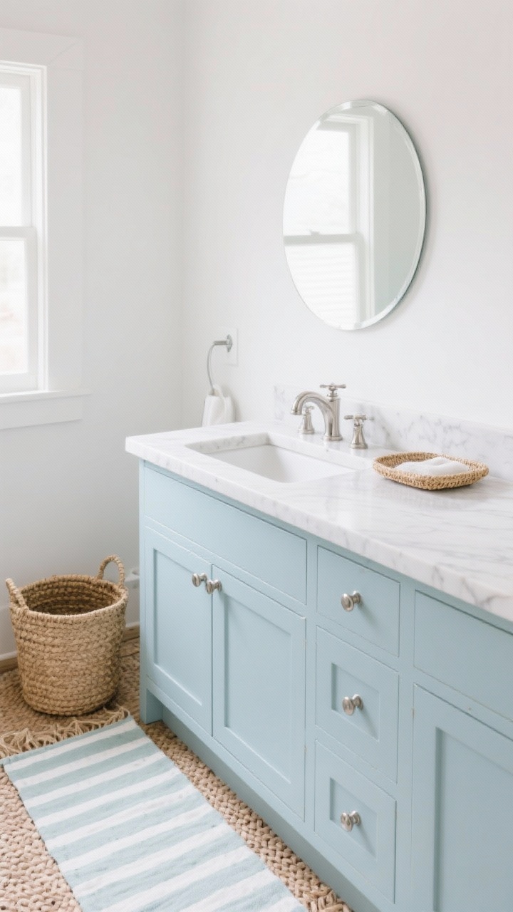Photorealistic wide shot of a breezy coastal bathroom: powder blue satin-finish vanity with slab front shaker style, polished nickel cup pulls and knobs, classic polished nickel bridge faucet, white quartz countertop with subtle veining and an undermount sink. Straight-on view with a frameless round mirror above, pale striped cotton runner on the floor, woven seagrass basket/hamper and a small seagrass tray on the counter. Soft daylight for an airy feel, crisp white walls, no kitschy decor, calm beach-house vibe.