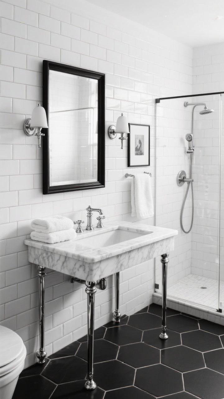 Photorealistic wide shot of a classic black-and-white bathroom: white subway tile walls (stacked pattern), black hex tile floor with subtle grout contrast, marble-topped console sink with polished nickel legs, frameless glass shower enclosure keeping sightlines clear, soft black-framed mirror above the sink, schoolhouse sconces in polished nickel, fluffy white towels neatly folded; cross-handle and classic lever hardware in polished nickel; a single black-and-white photograph in a slim black frame; crisp lighting that feels bright yet soft, straight-on perspective capturing the full composition, palette of white, black, and polished nickel.