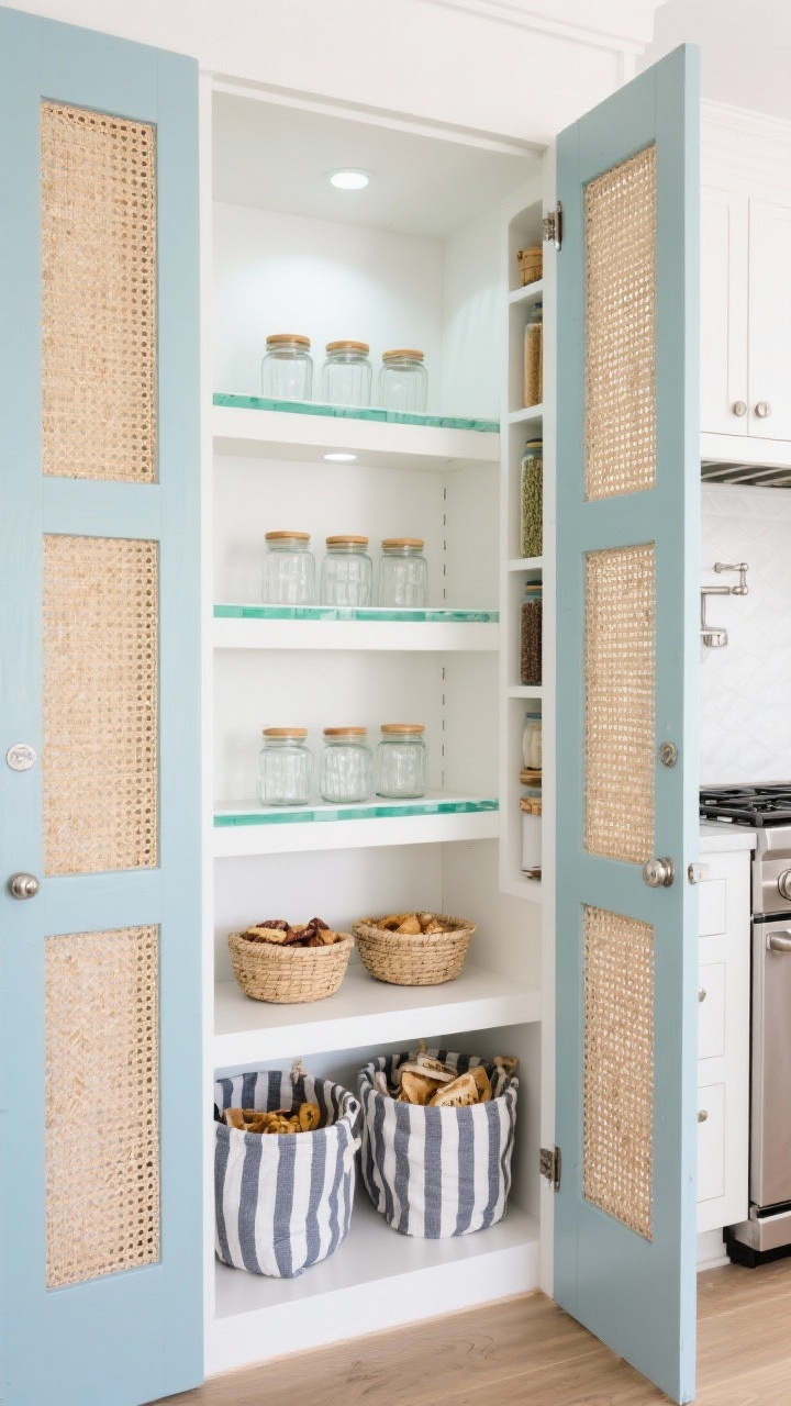 Photorealistic wide shot of a coastal breeze pantry: doors with pale surf blue painted frames and woven natural rattan cane inserts for ventilation. Inside, crisp white shelves with sea-glass green edge banding; shallow pull-outs lined with glass jars with bamboo lids; a narrow vertical spice library tucked into a slim cabinet by the range. Brushed nickel finger pulls, recessed puck lights with cool daylight tone illuminating the interior. Striped cotton baskets on the bottom shelf for snacks. Mood is light, airy, and breezy. Perspective: straight-on, slightly elevated to show shelf details.