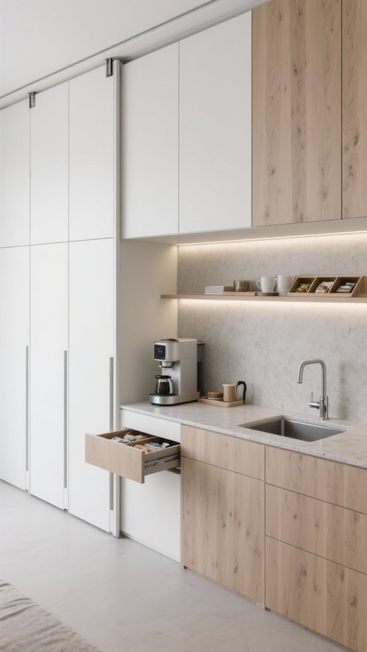 Photorealistic wide shot of a minimalist wall panel system with pocket-sliding doors: floor-to-ceiling white oak panels with no visible hardware (touch-latch), doors pocketed open to reveal a fully integrated coffee center. Inside: light concrete-look quartz counter with integrated backsplash, a plumbed-in coffee maker, cup warmer drawer, and a shallow sink for quick rinses. Continuous LED channel lighting provides even illumination. Palette of natural white oak, satin white, and soft gray. Include vertical dividers for trays, a slim pull-out for teas and sachets, and precise drawer inserts for tools. Serene, gallery-sleek Scandinavian mood, no people, straight-on.