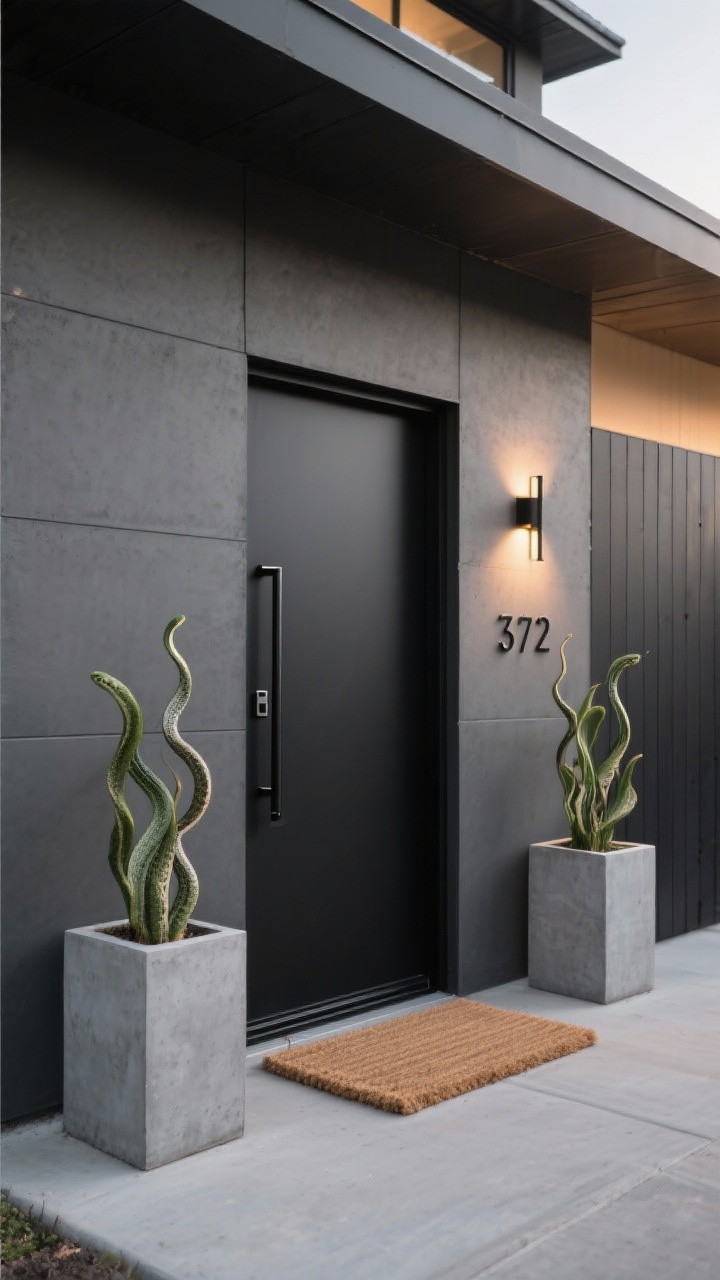Photorealistic wide shot of a modern minimalist facade: matte black front door with a long black steel pull, clean flat-front siding in charcoal, two tall square concrete planters with sculptural snake plants standing symmetrically, linear wall sconce emitting a focused warm beam, sleek sans-serif metal house numbers mounted flush; thin ribbed coir doormat in natural tan providing subtle contrast; sharp lines, uncluttered entry, concrete gray textures; early evening lighting to emphasize geometry, no people.