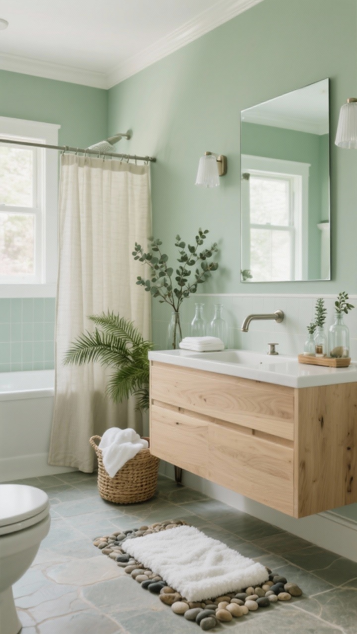 Photorealistic wide shot of a serene eucalyptus green bathroom with matte white trims and a pale oak slab-front vanity, brushed nickel faucet, wide frameless mirror, and a light linen shower curtain; spa-like styling with a pebble bath mat, fluffy white towels, woven basket, frosted glass apothecary bottles, and potted ferns and eucalyptus stems; soft diffused sconces with white glass shades and pale stone-look tile flooring; airy, calming mood, no people.