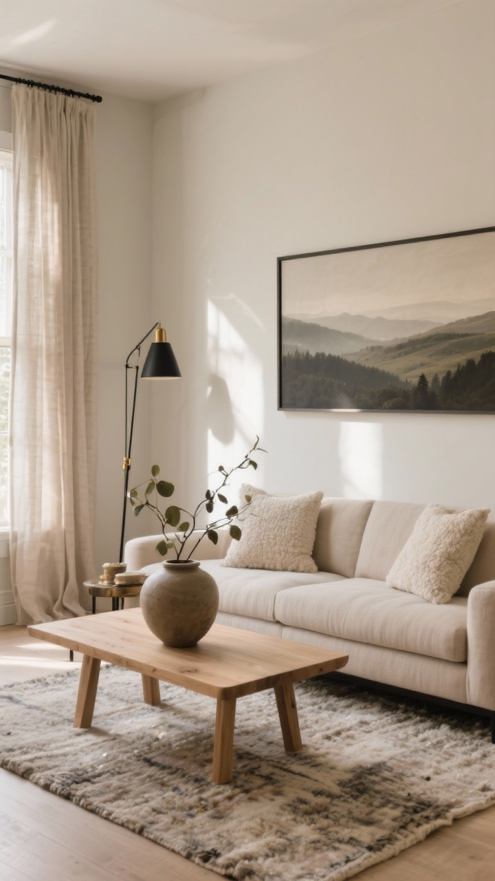 Photorealistic wide shot of a serene living room painted soft warm greige, morning light filtering in. Low-slung oatmeal linen sofa with bouclé cushions, light oak coffee table styled with an oversized ceramic vase holding leafy branches, textured wool rug underfoot. Slim black metal floor lamp and slim charcoal-framed art on the wall. Brushed black and antique brass accents, flax linen curtains. A large muted landscape centered over the sofa anchors the palette. Neutral, calm, sophisticated.