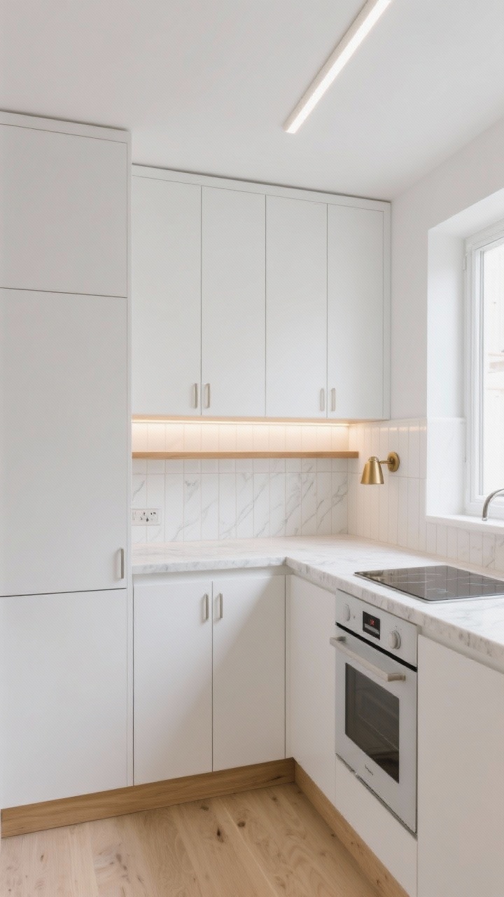 Photorealistic wide shot of a small Scandinavian kitchen “lightbox”: airy and minimal with matte white flat-panel, full-height slab cabinets featuring integrated finger pulls, a blonde wood toe-kick, and a single wall of floating white oak shelf with an LED strip glowing beneath. Pale quartz countertops with feather-light veining, vertical stacked white subway tile backsplash, slim overhead LED panel lighting, and a petite matte brass sconce by the sink. Include a compact induction cooktop and an under-cabinet convection microwave; keep hardware discreet for a clean, bright Nordic morning mood. Straight-on perspective, soft natural daylight.