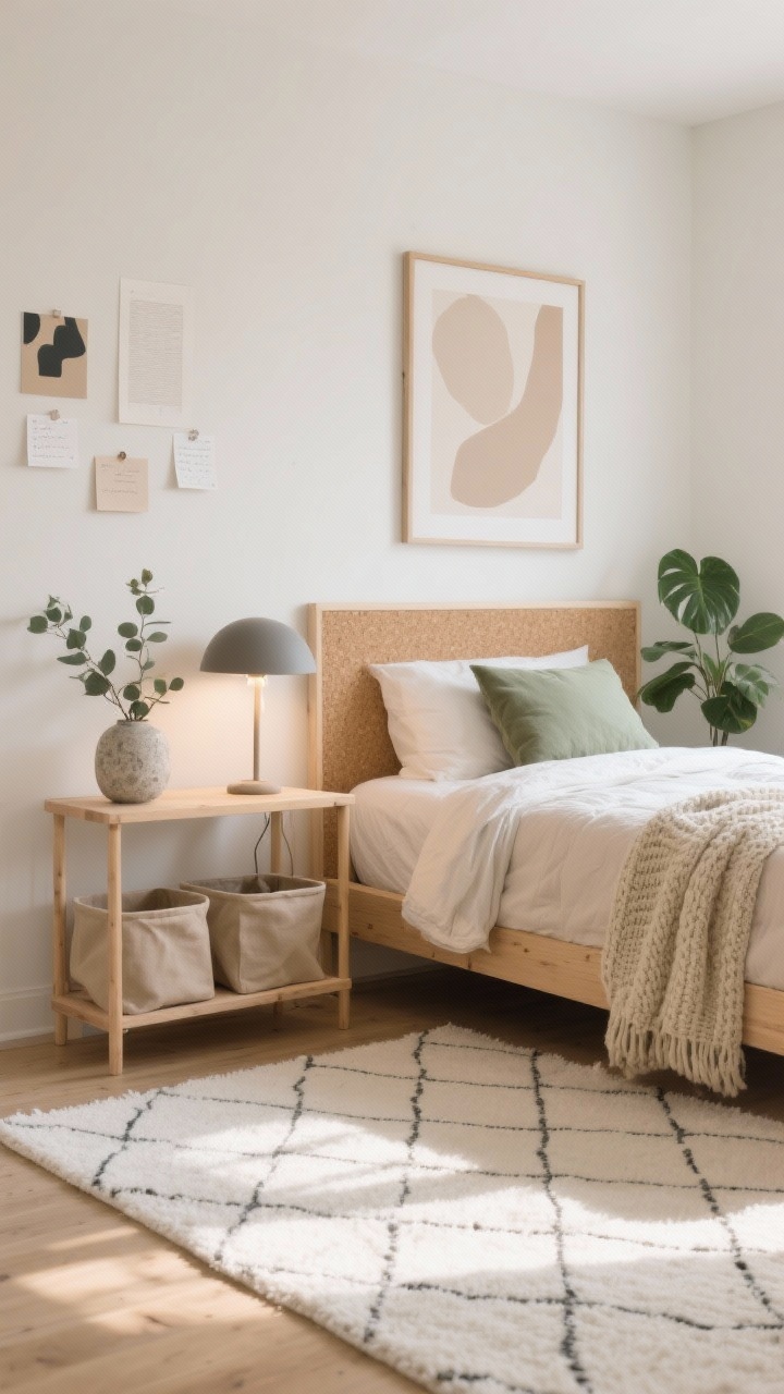 Photorealistic wide shot of a Soft Scandi Calm dorm bedroom corner, straight-on view. Creamy white and soft taupe palette with blonde wood accents. Twin XL bed dressed in oatmeal linen-look bedding, layered with a chunky knit throw and a single sage pillow. Low-pile off-white rug with a subtle diamond pattern underfoot. Slim birch bedside cart with a matte mushroom table lamp casting warm light. Peel-and-stick cork strip on the wall with neatly pinned notes and muted abstract prints. One oversized muted-beige abstract art piece and a eucalyptus branch in a stone vase on the cart. Canvas bins tucked under the bed, and a small rubber plant in the corner. Sunlit, airy, warm minimalism.