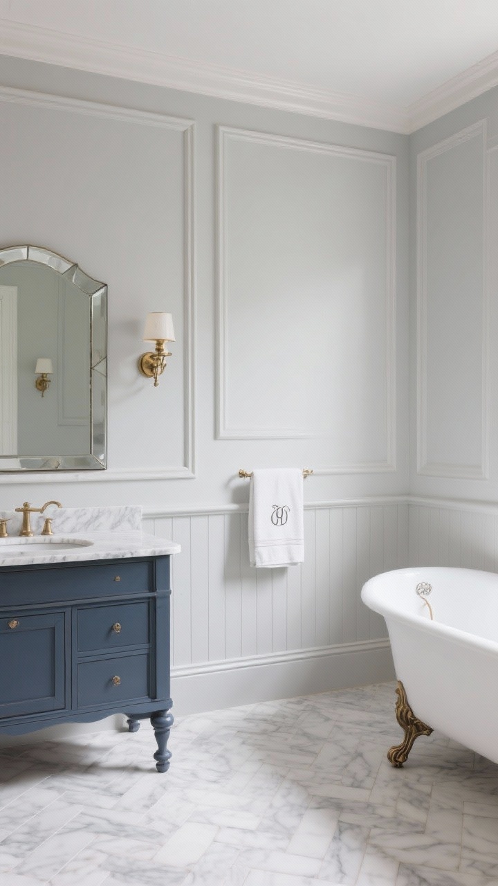 Photorealistic wide shot of a soft traditional bathroom: lower walls wrapped in painted wainscoting/picture-frame moulding, gentle wall color in dove gray, a cararra/calacatta marble floor laid in herringbone, furniture-style vanity with turned legs in muted navy topped with a marble slab, beveled mirror centered above, antique-inspired sconces in unlacquered brass or polished nickel flanking the mirror, clawfoot or slipper tub with an elegant filler, neatly hung monogrammed towels; balanced, romantic lighting with soft highlights on the marble; straight-on, symmetrical composition.