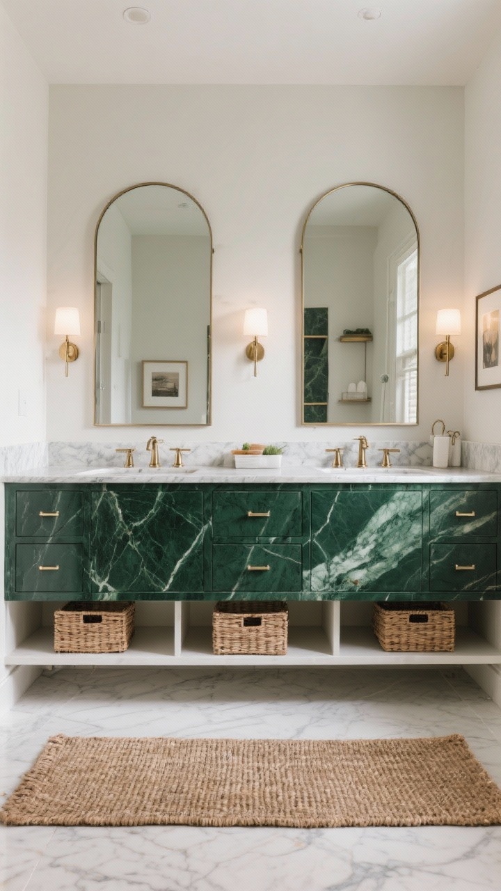 Photorealistic wide shot of a spacious bathroom featuring a 72-inch double vanity painted deep forest green with dramatic veined quartzite countertop; mixed metals: polished nickel pulls on drawers and brushed brass faucets; two tall arched mirrors with slender frames, each topped with a picture light; woven runner along the floor and rattan baskets under an open shelf; luxurious yet functional mood with balanced ambient and picture-light illumination; straight-on symmetry