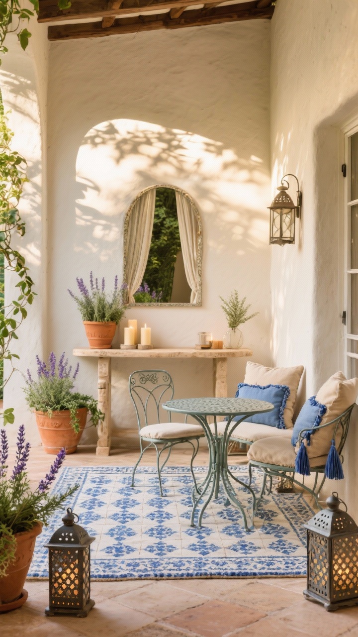 Photorealistic wide shot, straight-on courtyard porch with Mediterranean charm under warm late-afternoon sun: a cobalt-and-cream tile-look outdoor rug, a powder-coated iron bistro set with curved details, a stucco-toned console table against the wall styled with candles and plants; terracotta pots brimming with trailing ivy, lavender, and rosemary; linen cushions in sand and indigo with tassel edges; metal lanterns with punched patterns casting Moroccan-style shadows; an arched decorative mirror reflecting light and a gauzy curtain panel softly draped; sunny, romantic mood, no people.