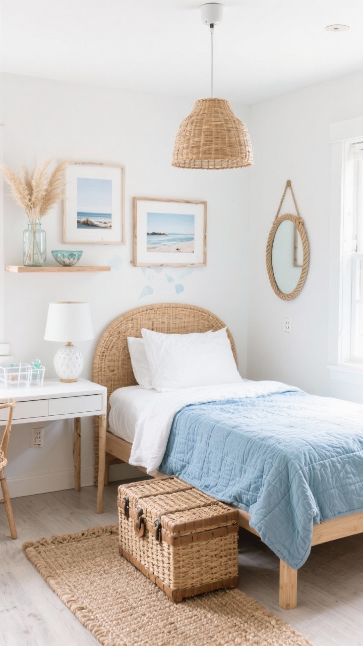 Photorealistic wide shot, straight-on, of a Coastal Light & Breezy dorm layout. Crisp white bedding with a sky-blue quilt folded at the end of a twin XL bed. Rattan headboard peel-and-stick decal warms the white wall. Woven trunk at the foot of the bed for storage/seating. Natural jute rug on the floor, light wood and rattan accents throughout. Rattan plug-in pendant over the desk, white ceramic table lamp on the bedside. Framed coastal photography in driftwood-toned frames and a small rope mirror on the wall. Desk kept minimal with clear acrylic organizers and a tiny bowl with beach glass. Glass vase with dried pampas/sea grass on a shelf. Bright, fresh daylight, beachy and clean.