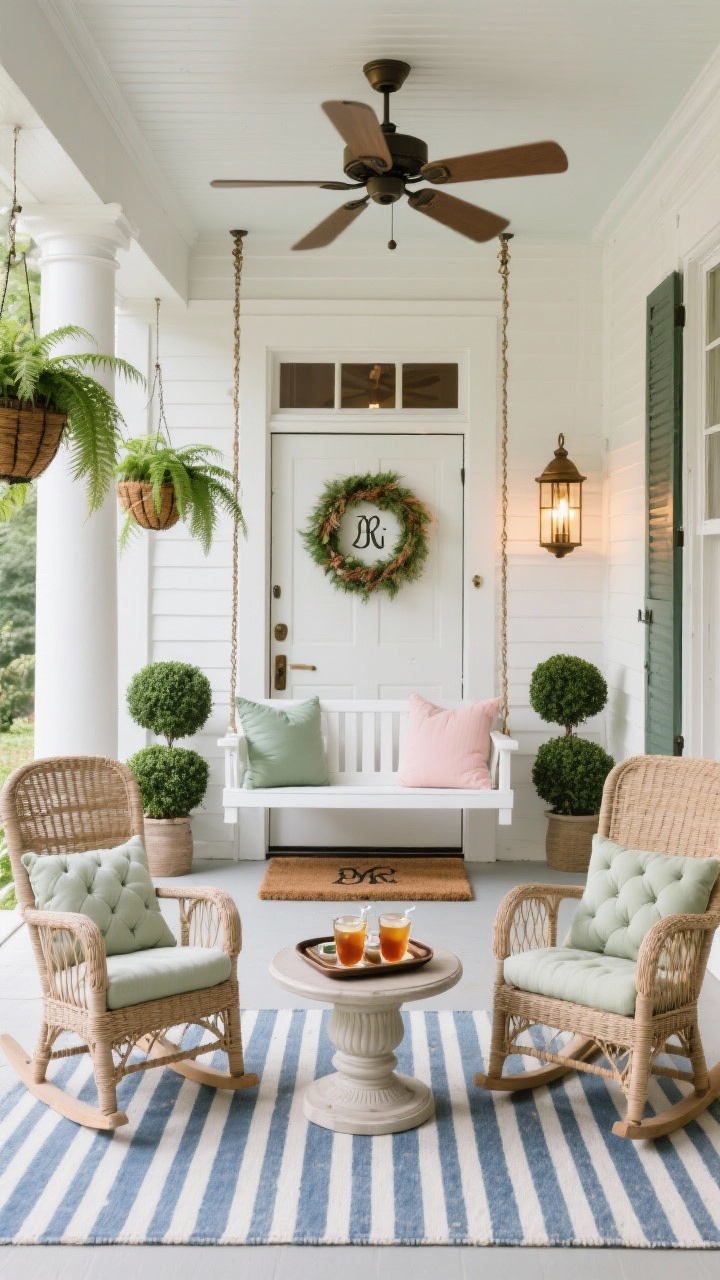 Photorealistic wide shot, straight-on view of a classic Southern veranda: white columns, ceiling fan above, and a crisp white painted bench swing layered with sage and blush cushions; two wicker rockers with tufted seat pads flanking a round pedestal side table; a blue-and-white ticking stripe rug, Boston ferns in hanging baskets, boxwood topiaries by the door; classic bronze lantern/fan with caged bulbs casting warm light; monogrammed doormat, vintage-look door wreath, and a tray set for iced tea; timeless, welcoming mood, no people.