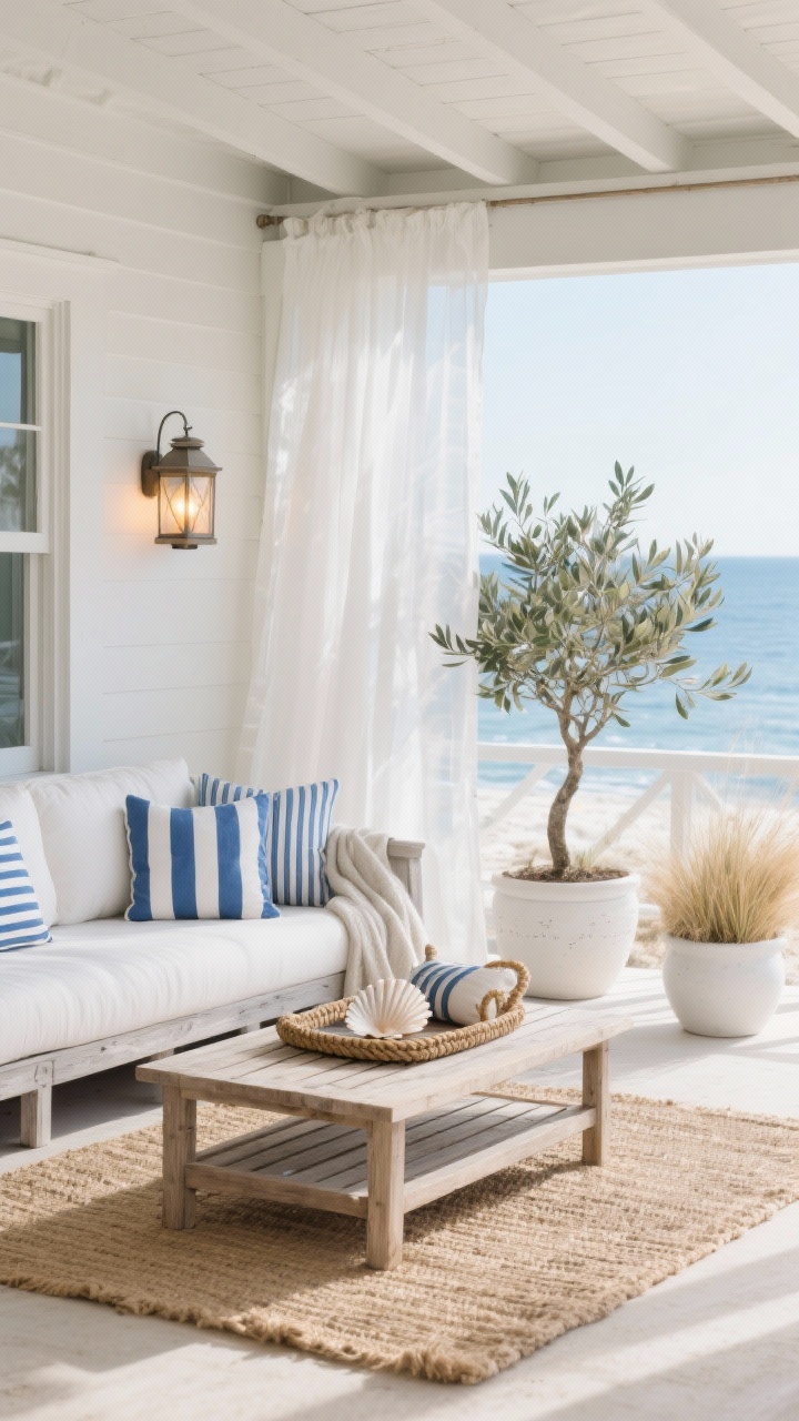 Photorealistic wide shot, straight-on view of a coastal-inspired porch in soft sand, white, and driftwood gray with ocean blue accents: a whitewashed outdoor sofa piled with blue-and-white striped cushions, a woven jute rug underfoot, and a slatted teak coffee table with a rope-handled tray and shell-inspired toss pillows nearby; lantern-style sconces with warm dimmable glow, sheer white outdoor curtains gently swaying, potted olive tree and sea grass in white ceramic planters, a lightweight throw draped casually; bright natural daylight with a breezy, seaside cabana mood, no people.