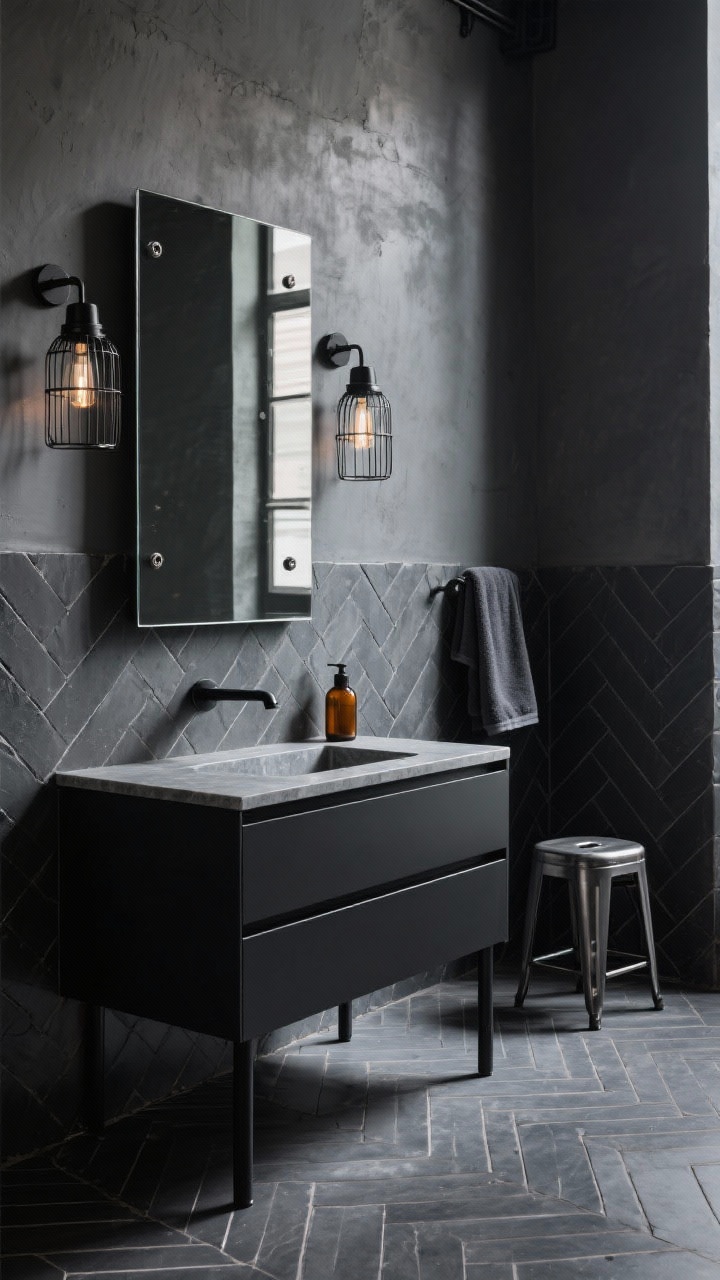 Photorealistic wide shot with an edgy loft mood, slight low corner angle: charcoal matte black vanity with slab fronts on slim blackened steel legs, concrete-look quartz top, frameless rectangular mirror with exposed screw details, industrial caged sconces, wall-mounted matte black faucet, deep gray satin walls or oversized slate tile backdrop, herringbone dark porcelain floor, amber glass soap bottle, charcoal towels, and a metal utility stool; moody directional lighting with crisp shadows.
