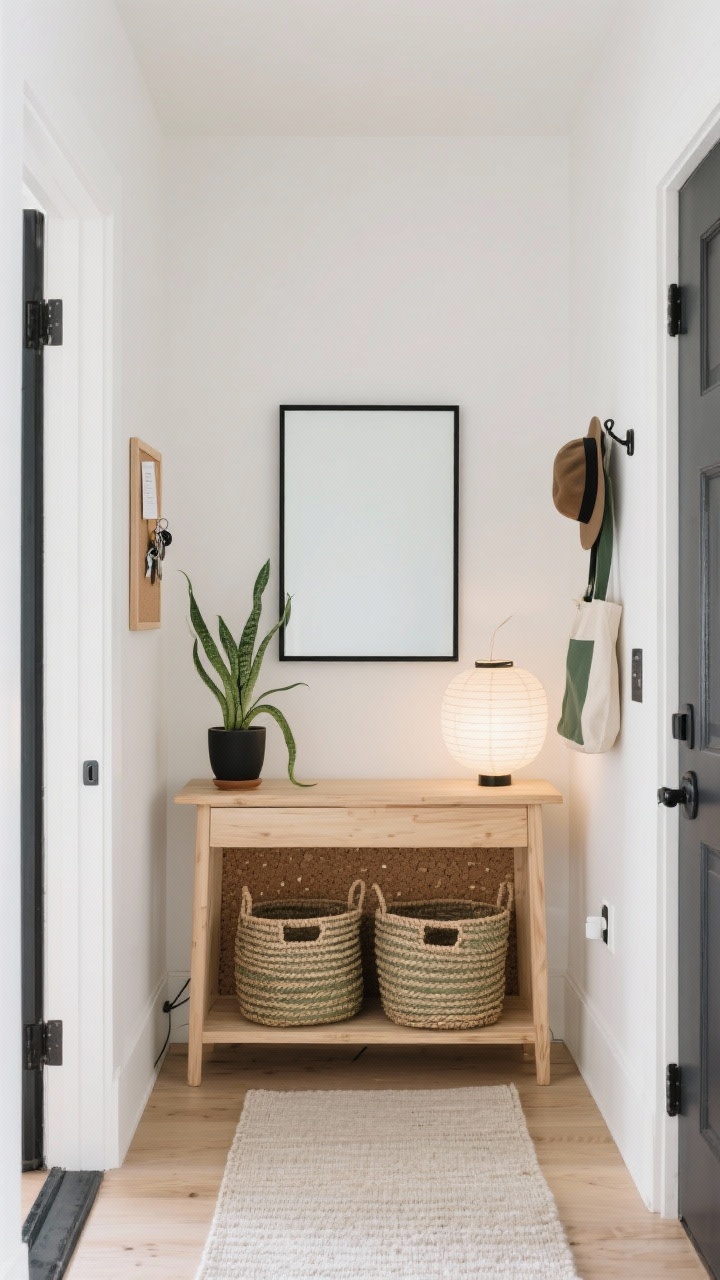 Straight-on entryway nook, Japandi style: narrow light-wood console with clean linear lines, pair of woven storage baskets tucked beneath; thin black-framed mirror mounted with command strips above the console; low-pile neutral runner grounding the floor; small accent area of peel-and-stick cork tiles used as a mini pinboard for keys and notes; single potted snake plant on console; plug-in paper lantern emitting soft glow; adhesive door hooks on the side for hats and totes; palette of blonde wood, black, ecru, sage; negative space and natural fibers.