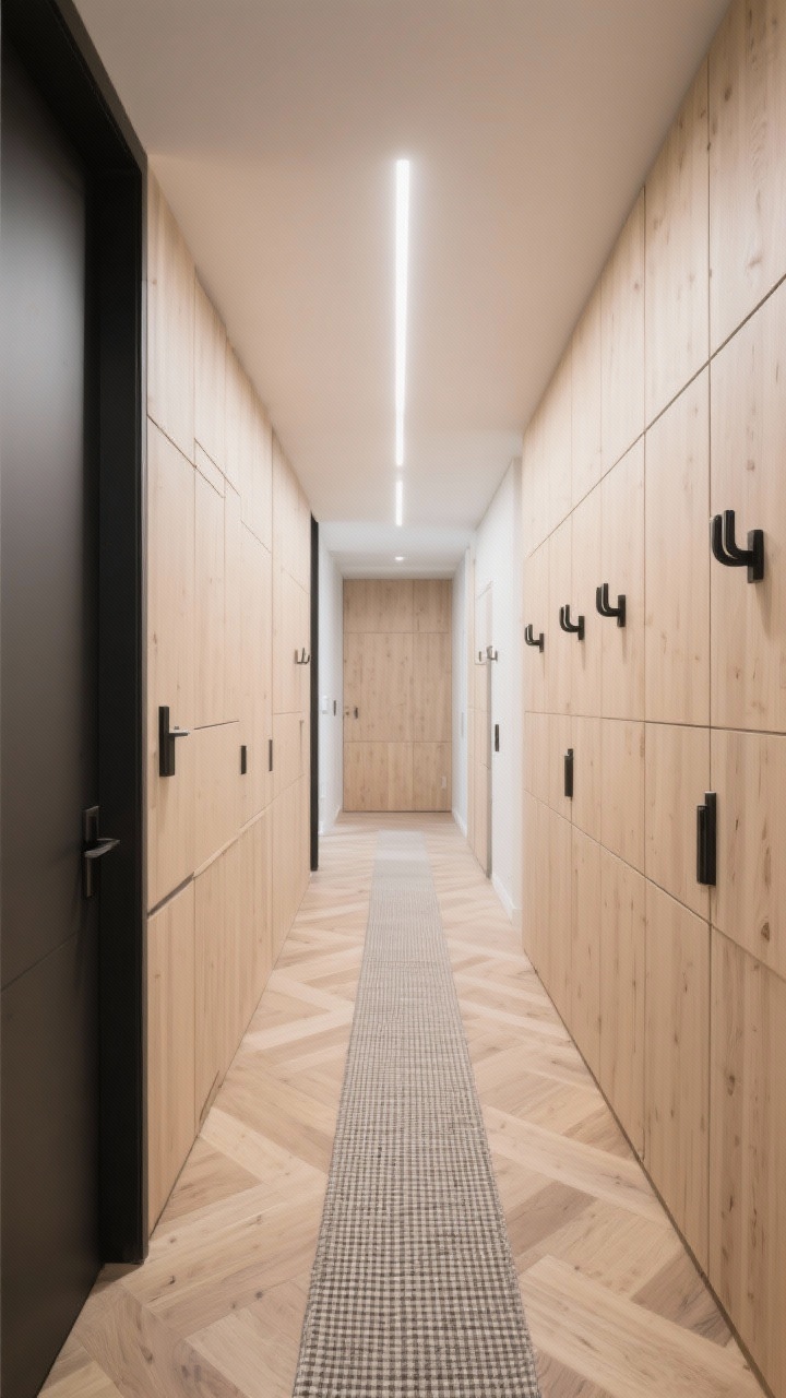 Straight-on hallway medium-wide: square-grid wood paneling in pale maple covering the walls, with hidden push-latch cabinet doors seamlessly integrated; pale oak herringbone flooring; slim black wall hooks spaced minimally; runner with a micro-check pattern; minimalist linear LED light tracing the length of the ceiling, bright and crisp; clean, architectural feel, photorealistic, no people.