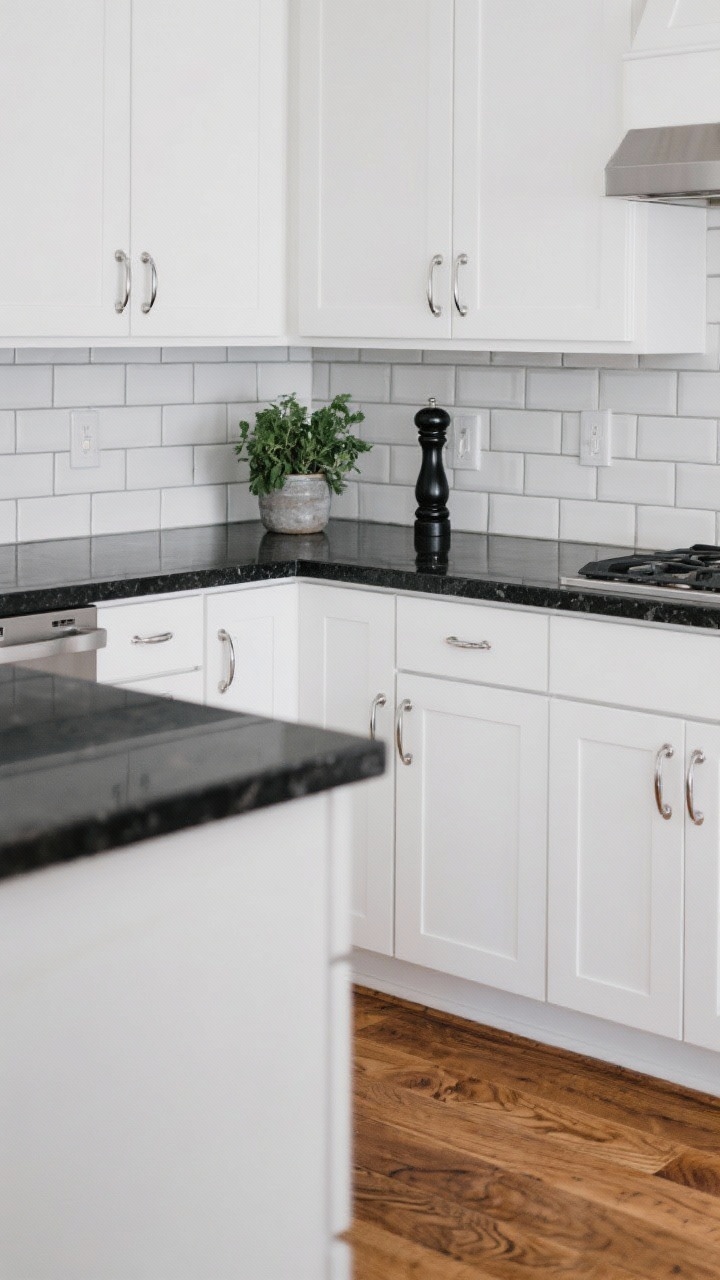 Straight-on medium shot emphasizing contrast: polished absolute black granite countertop (slight reflections) against bright white shaker cabinets; white subway tile backsplash with mid-gray grout; chrome pulls and a black pepper mill near the cooktop; fresh herbs in a small pot; medium-tone oak flooring warming the scene. Crisp, graphic, evenly lit to highlight the sheen on granite.