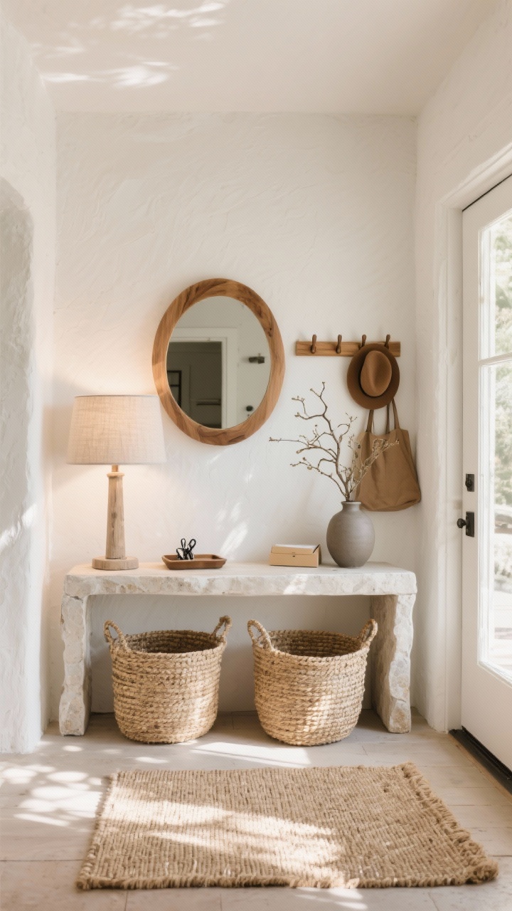 Straight-on medium shot of a sun-washed entryway with a soft white plaster-look console, a round oak mirror reflecting light, two seagrass baskets tucked beneath, a chunky jute runner on the floor, a stone table lamp with a linen shade casting a gentle evening glow, a slim row of oak pegs on the wall with a hat and tote, a matte ceramic vase holding a branchy arrangement, and a small tray for keys and mail; warm white, oat, natural jute palette; photorealistic.