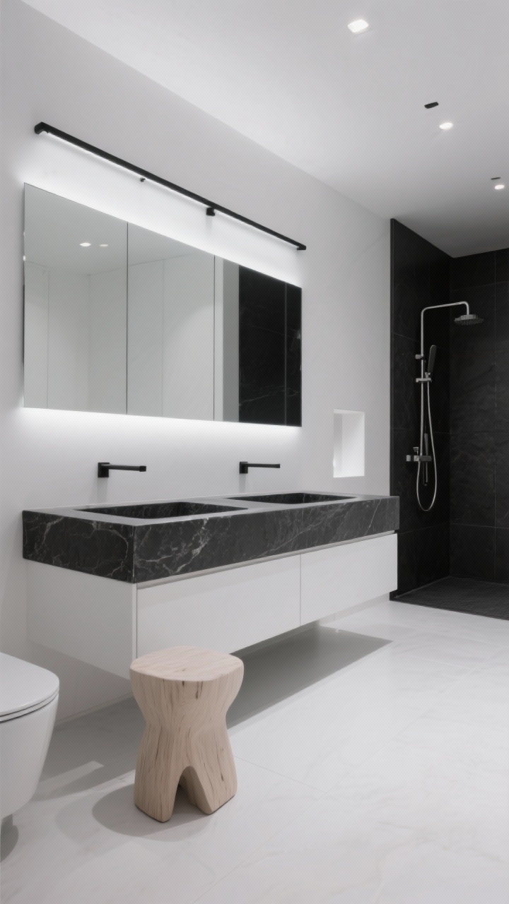 Straight-on medium shot, photorealistic: Minimalist monochrome bathroom with matte white walls and a black stone trough sink set against flush, handle-less cabinetry. A black linear LED bar hovers above the mirror, edge-lit mirrors provide diffused facial illumination, and recessed pin spots create precise pools of light on the porcelain slab floor and a shower niche. Matte black, ultra-thin hardware, oversized porcelain slabs with minimal grout lines, and a single sculptural bleached-wood stool. Crisp, high-contrast lighting defining architectural lines.