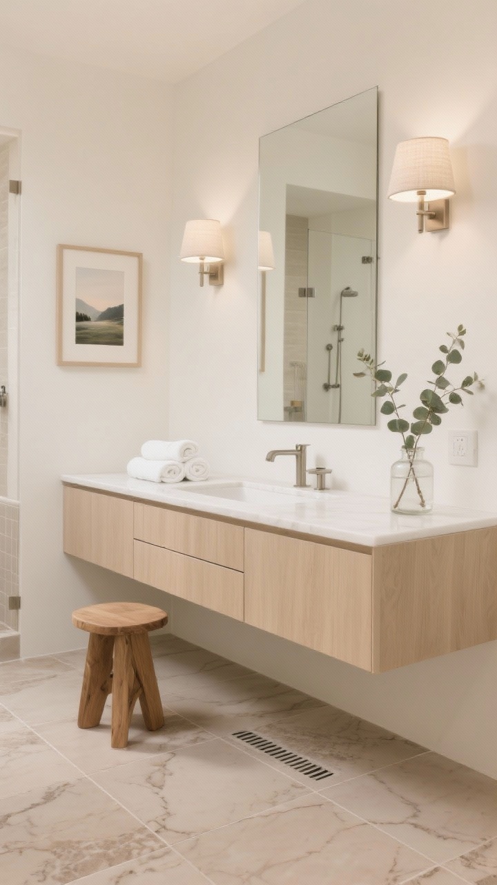 Straight-on medium shot, Spa Minimalist: photorealistic 24x24 porcelain floor tiles in warm greige with soft stone veining, ultra-thin grout for a continuous plane. Pale maple floating vanity with slab-front drawers, crisp white quartz top. Two linen-shaded sconces flanking a simple mirror, framed landscape leaning on wall. Walls in creamy off-white matte. Accents: rolled white towels, eucalyptus stems in a glass jar, teak bath stool; brushed nickel fixtures and a linear drain visible in walk-in shower. Calm, diffused spa lighting.