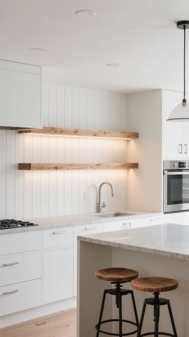 Straight-on medium-wide kitchen wall: sealed white oak slat backsplash running to the ceiling behind floating white oak shelves with hidden brackets; integrated LED under-shelf lighting creating a soft glow on the slats; matte white cabinets, concrete-look quartz countertop, brushed nickel hardware; stools with black metal bases and oak seats at the counter; note of wood texture contrasted with sleek surfaces; bright yet cozy, photorealistic, no people.