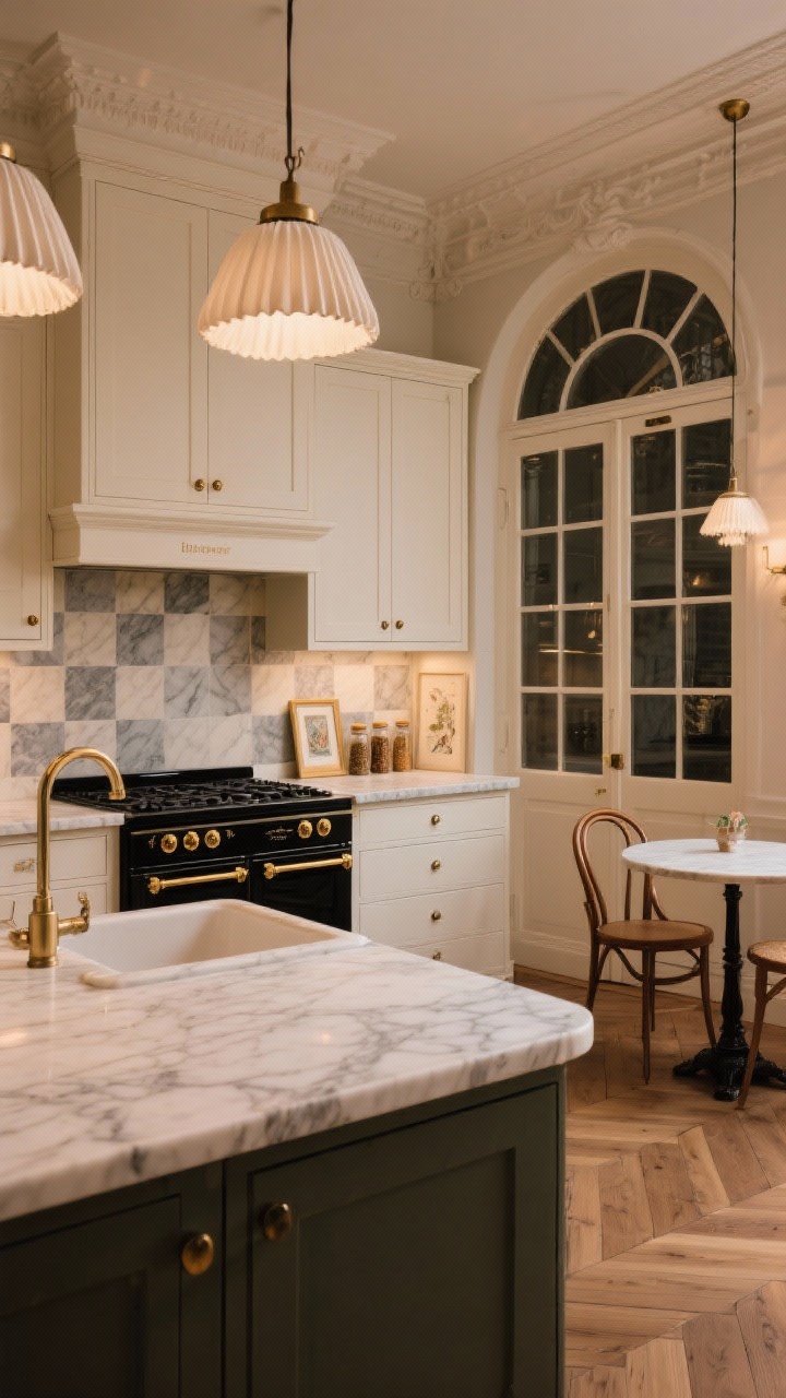 Straight-on medium-wide Parisian Bistronomy vignette: creamy off-white shaker fronts with antiqued brass knobs, calacatta-look marble countertop featuring a generous bullnose edge, checkerboard marble backsplash in muted gray and cream with a slim picture ledge displaying small framed art and spice jars; lacquered inky black range with brass trim below a plaster hood with trim molding; arched glass cabinet doors on one wall; herringbone oak flooring visible; pleated linen pendants over island casting warm glow; include a fluted apron sink and a small marble bistro table with bentwood chairs off to the side; photorealistic, romantic evening ambiance.
