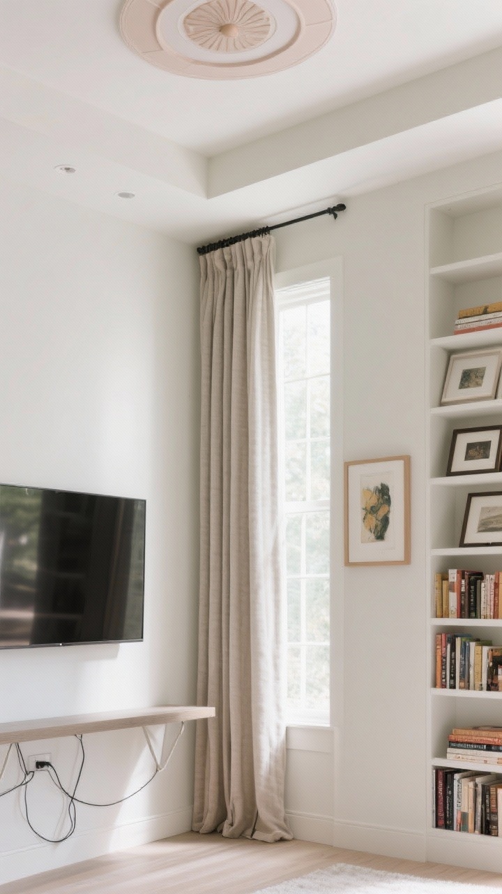 Straight-on view emphasizing verticality: a wall with a mounted TV above a slender floating media shelf, tall bookcase drawing the eye upward, and curtains hung 8–10 inches above and wider than the window to visually heighten and widen it. Add a single large piece of leaning art instead of many small frames, and a subtle statement ceiling detail (soft color wash or modern medallion). Bright natural light, tidy cords, and clean lines.