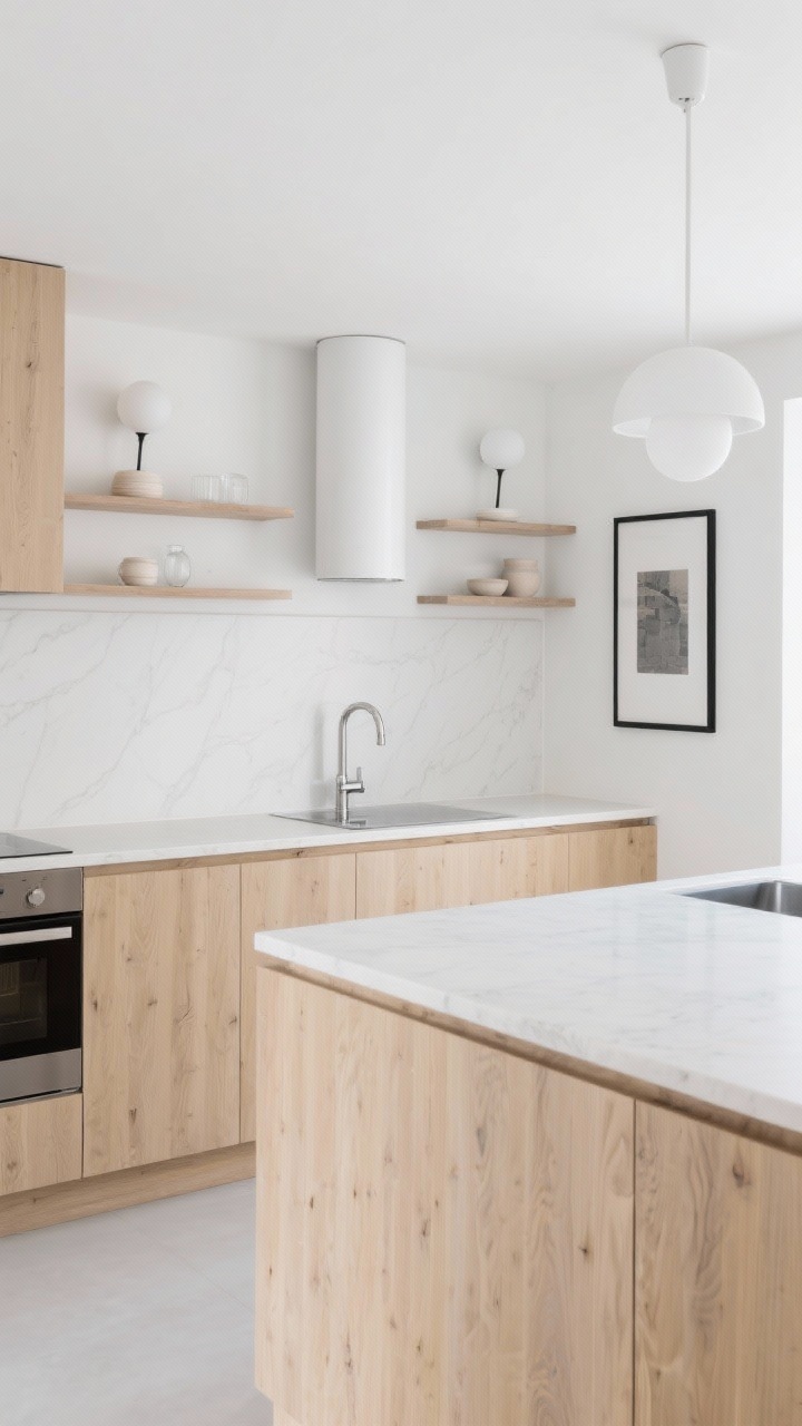 Wide, airy Scandinavian kitchen captured from a corner angle: flat-front light oak cabinets with a blond stain, bright white walls and upper open shelving, thin-profile white quartz counters with a full-height matching slab backsplash, brushed nickel minimalist bar pulls, a cylindrical white range hood, white dome sconces illuminating shelves styled with pale ceramics and glass, a waterfall edge on the island, slim black-framed art; soft, even daylight for a clean, uncluttered feel.