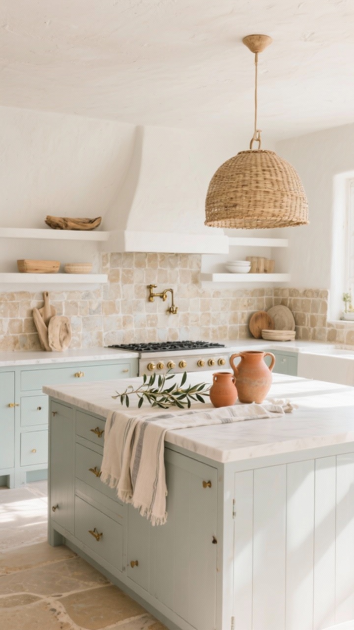 Wide, airy straight-on view: Coastal organic kitchen with soft limestone-hued plaster walls, lower inset cabinets in pale greige, upper storage replaced by open white oak ledges; sandy tumbled zellige backsplash with gentle variation catching light; woven rattan dome pendant centered over the island; hand-forged brass latches; decor of linen runners, olive branches in terracotta, and stoneware pitchers; colors of driftwood, sand, chalky white, and subtle seafoam accents; bright morning natural light, barefoot breezy mood, photorealistic.