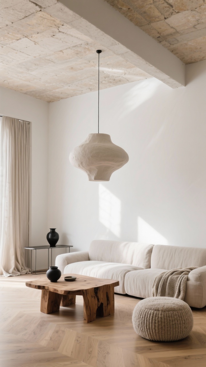 Wide architectural minimalist living room, low angle to emphasize scale, in stone white walls and ceiling with warm undertones. An oversized linen sofa sits opposite a chunky oak coffee table; a sculptural plaster pendant hangs above. Tonal layers: bouclé pouf, ribbed ceramics, wool drapes that puddle slightly on light oak flooring with a satin finish. A single black accent—sleek metal console—adds contrast. Clean, gallery-like daylight with soft shadows, photorealistic.