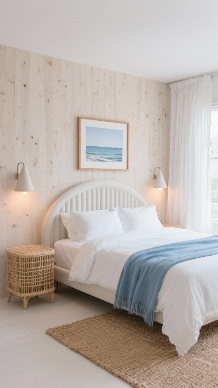 Wide bedroom scene, coastal vibe: fluted wood panel headboard wall in bleached oak (soft curved fluting wider behind the bed to create a built-in headboard effect); crisp white bedding with a sky-blue throw; pale rattan nightstands with cone-shaped plaster sconces above, warm bulbs; gauzy white drapes filtering daylight; jute rug underfoot; a single coastal photograph in a thin oak frame centered over the bed; airy, soothing atmosphere, photorealistic, no people.