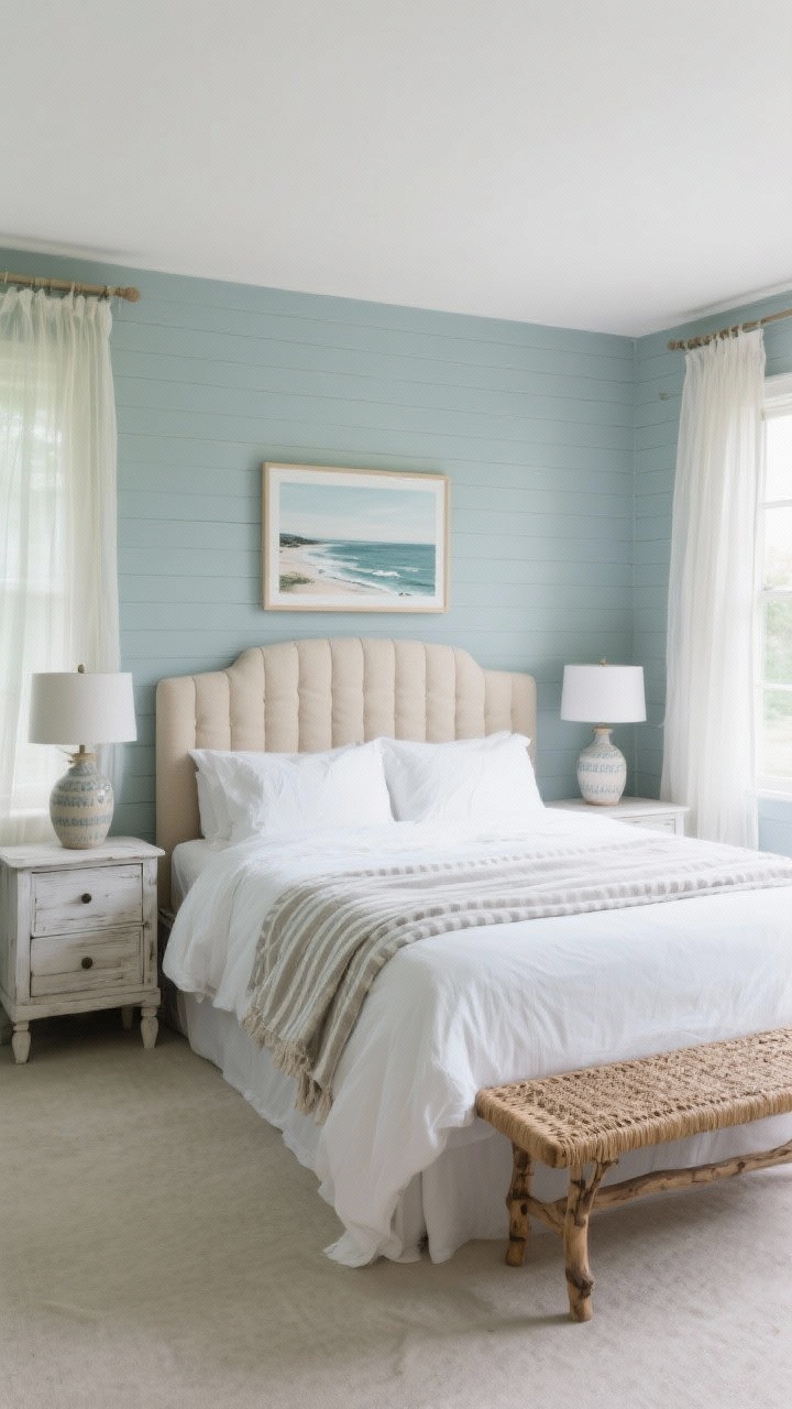 Wide bedroom shot with coastal cottage calm: pale blue-gray walls with a hint of green, channel-tufted upholstered headboard in oatmeal, crisp white percale sheets with a stonewashed linen duvet, and a thin striped quilt folded at the foot. Whitewashed wood nightstands with ceramic lamps and crisp shades flank the bed. Airy sheer curtains move lightly at a window, and a woven bench sits at the end of the bed. A framed coastal landscape hangs above or adjacent to the bed. Palette: blue-gray, oat, white, driftwood; soft natural daylight, spa-calm mood; photorealistic, no people.