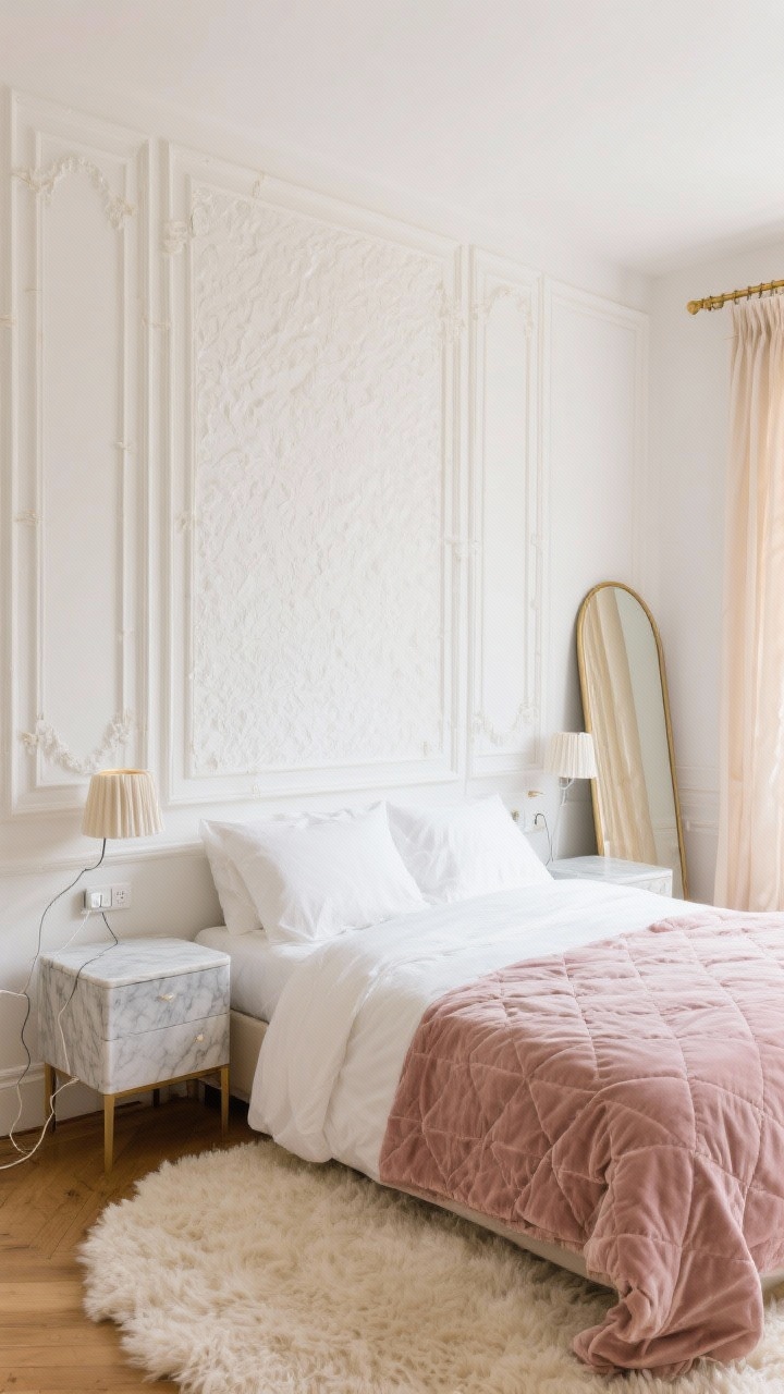 Wide bedroom view, Parisian renter’s retreat: wall behind bed featuring peel-and-stick molding strips forming faux paneling, with textured white wallpaper inside the frames; bed dressed in crisp white linen with a blush velvet quilt folded at the foot; slim marble-topped nightstands with plug-in pleated sconces floating above, cords neatly managed with adhesive clips; cream shag rug underfoot; arched standing mirror leaning against the wall; sheer pinch-pleat curtains on tension rods; soft gold and champagne accents, romantic daylight.