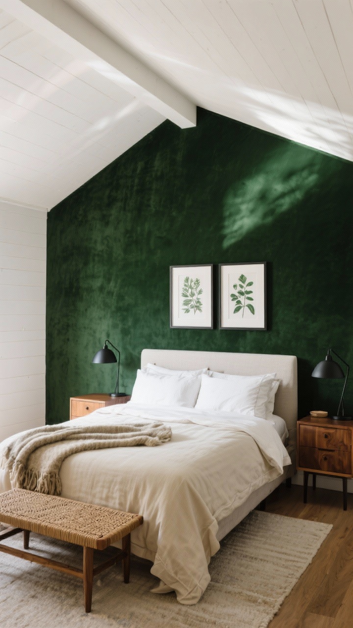 Wide bedroom view with deep forest green walls in a velvety low-sheen finish, crisp white ceiling, creamy linen bedding layered with a wool throw, black metal bedside lamps, oiled walnut nightstands, a woven bench at the foot of the bed, framed botanical prints; soft diffused afternoon light for a serene modern-cabin-meets-boutique-hotel mood, photorealistic.