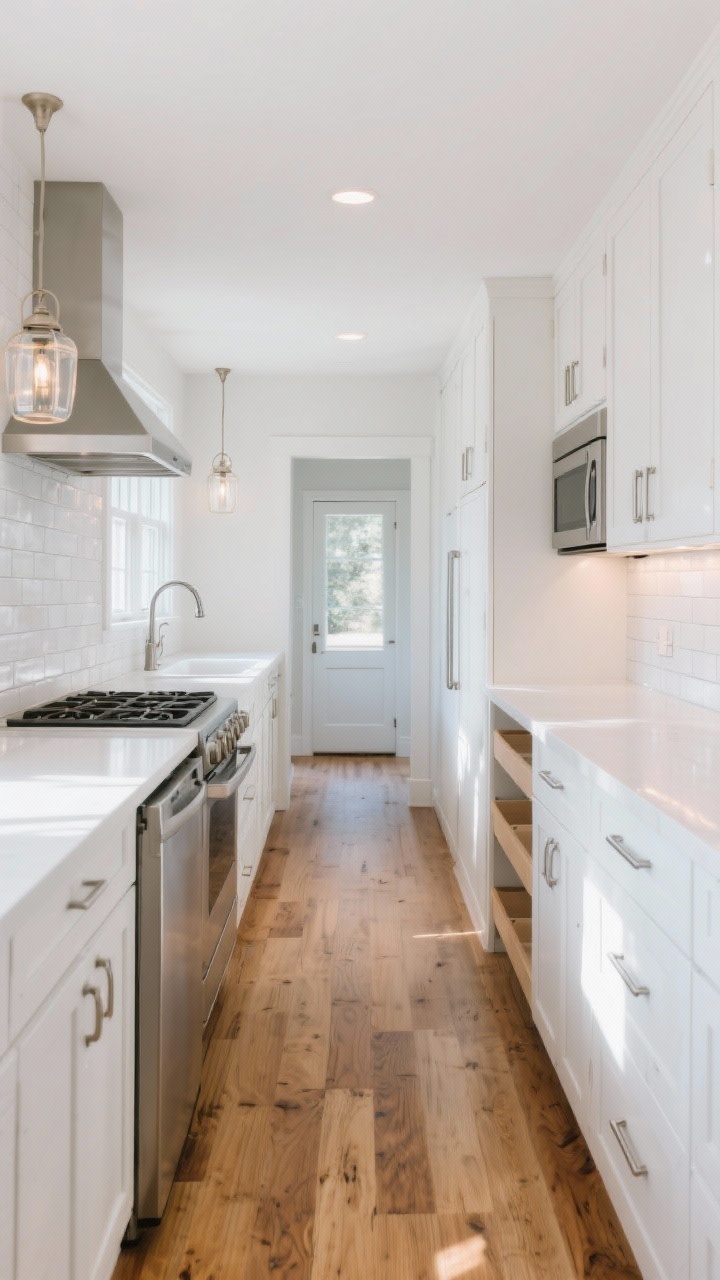 Wide, bright galley kitchen shot, straight-on from the doorless entry showing parallel runs: soft white shaker cabinets both sides, warm oak floor, glossy white subway tile with pale grey grout reflecting light, continuous white counters. Left side aligned work zone with a 24-inch counter-depth fridge, a standard range with a slim vent hood, and a single-bowl undermount sink centered under a window; right side features full-height panel-front pantry towers concealing pull-out shelves and a tucked-in microwave. Slim brushed nickel bar pulls, minimal gooseneck faucet, two glass lantern pendants and under-cabinet LEDs glowing; cloud white, brushed nickel, oak palette. No people, photorealistic sunlit ambience.