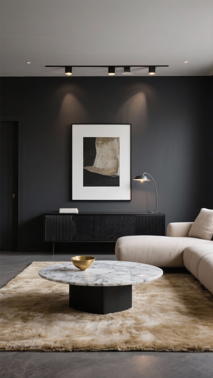 Wide, cinematic straight-on shot of a luxe minimalist living room with deep charcoal gray walls in soft evening lighting; low modern sectional in putty/oatmeal sits on a plush high-pile warm cream rug; sharp-edged marble coffee table; black wood media unit with fluted doors; track or monopoint spotlights aimed at oversized art in white mat frames; slim arc lamp for reading; a single brass object for subtle warmth; dramatic yet livable gallery vibe; photorealistic, no people.