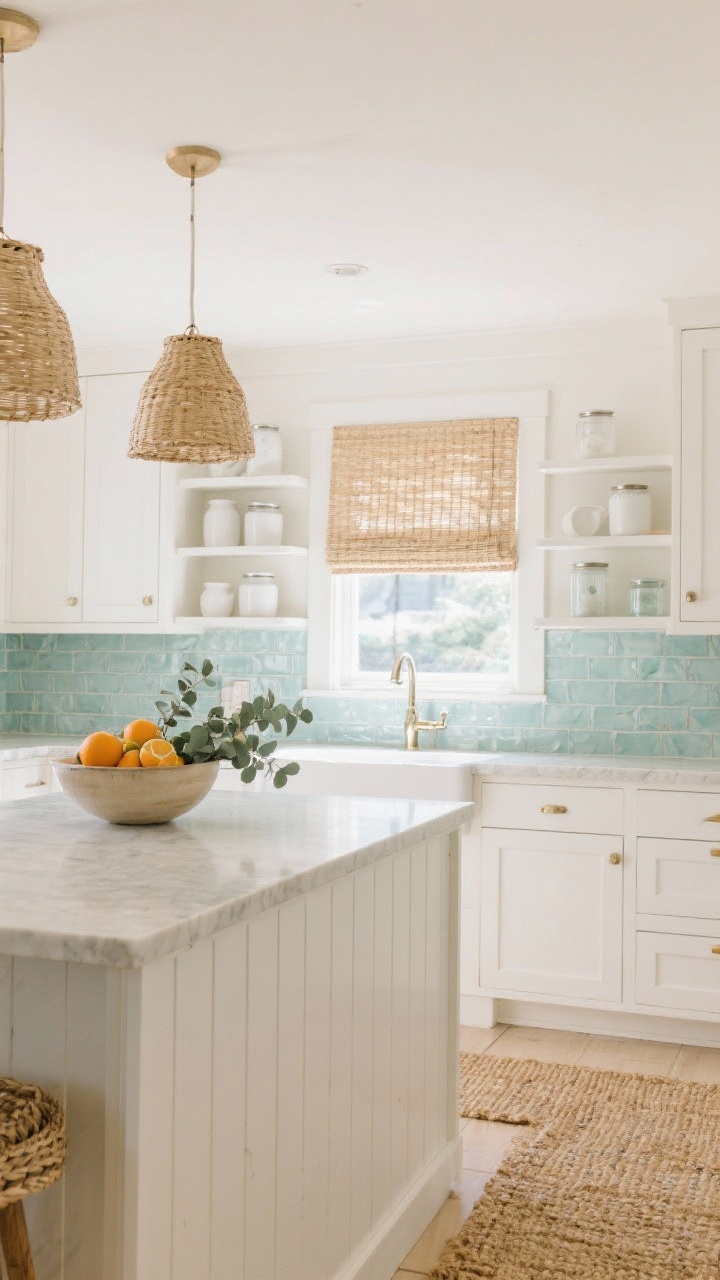 Wide coastal kitchen scene with texture, viewed straight-on: warm white cabinets, woven Roman shade filtering daylight, rattan pendants above a sand-toned light quartz counter, sea-glass or pale aqua ceramic tile backsplash with a subtle sheen, open shelves styled with white stoneware and clear canisters, brushed nickel or soft brass hardware (not too shiny), a jute runner on the floor, beadboard island panel, oversized bowl of citrus and eucalyptus stems as fresh accents; bright, breezy natural light.