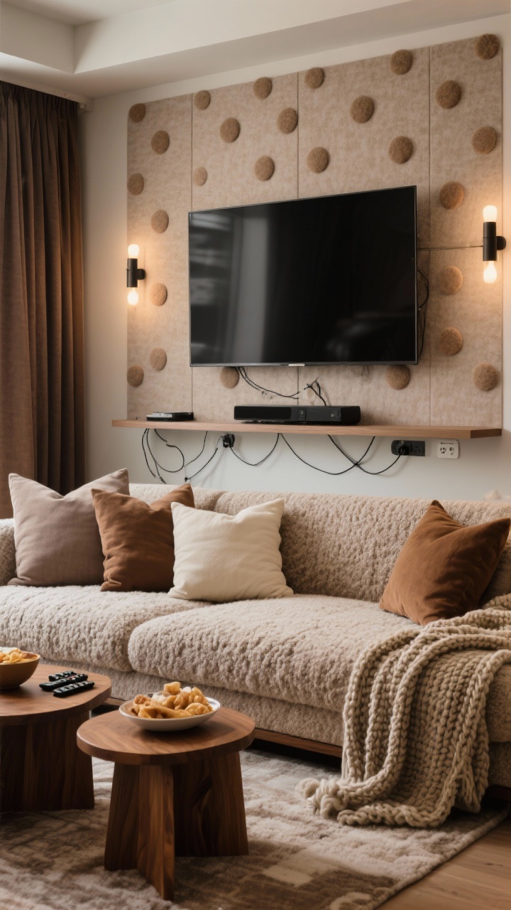 Wide, cozy media lounge: fabric-covered peel-and-stick panel behind wall-mounted TV concealing cords; low boucle sectional with a textured slipcover piled with tonal pillows in taupe, cocoa, and cream; slim console with removable adhesive cable raceways keeping components tidy; smart plug-in sconces dimmed for theater mode; chunky knit throw draped over warm wood nesting tables holding remotes and snacks; removable felt wall dots for acoustics; peel-and-stick blackout liner hinted behind curtains; palette of cocoa, cream, taupe, matte black; soft, cinematic lighting.