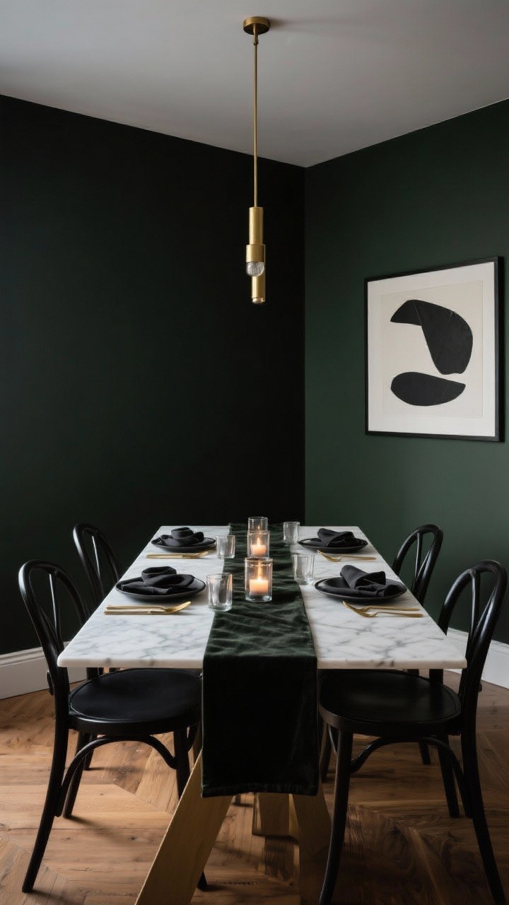 Wide dining room shot, slightly off-center perspective, walls painted black olive (green-black) creating dramatic moodiness. Central white marble dining table with black wishbone chairs around it, a linear brass chandelier overhead casting warm, intimate light. Table styling includes black stoneware, linen napkins, and matte gold flatware; a velvet runner runs the length with smoked glass votives glowing. One oversized minimal graphic art piece on the wall. Warm wood flooring balances the cool walls, photorealistic evening ambiance.