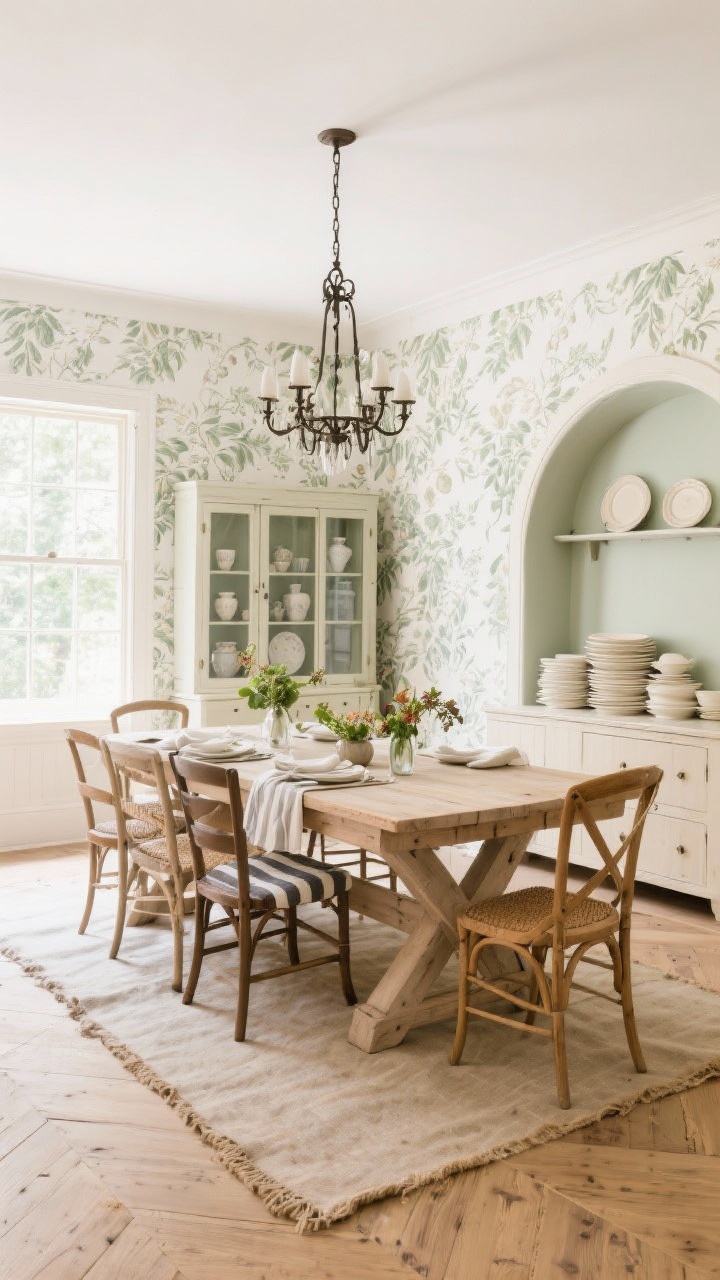 Wide dining room: Subtle sage-and-cream botanical wallpaper enveloping the space; a bleached oak trestle table centered with mixed rush-seat chairs; an understated wrought-iron chandelier overhead; a sideboard styled with stacked creamware platters and small bud vases of seasonal greens; warm European oak plank flooring; textiles include a grain-sack runner, linen napkins, and striped seat cushions; an arched cabinet with glass doors showcasing stoneware and glass; bright natural daylight; photorealistic, corner angle.