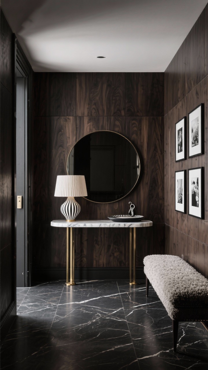 Wide entryway, hotel-luxe mood: smoked oak wall paneling wrapping the entry; a slim marble console with thin brass legs centered beneath an oversized round mirror; sculptural table lamp on the console; ribbed ceramic tray with keys; dark stone or porcelain floor with subtle veining; small black-and-white photo series in thin black frames aligned on the wall; a narrow boucle-upholstered bench to one side; moody, polished lighting, photorealistic, no people.